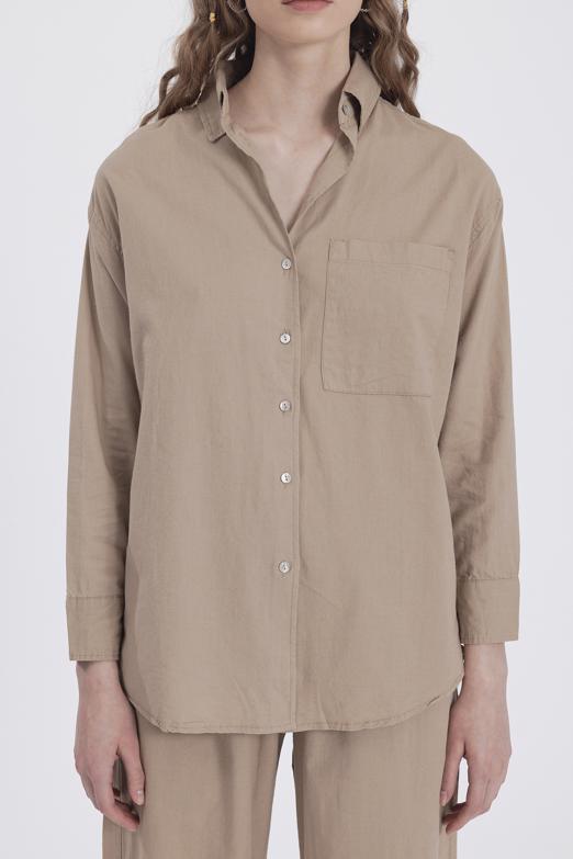 Bayan Bej Uzun Kollu Keten Gömlek - BSL