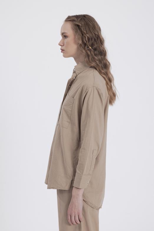 Bayan Bej Uzun Kollu Keten Gömlek - BSL