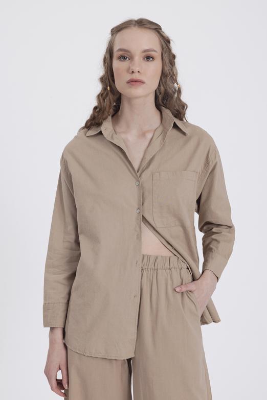 Bayan Bej Uzun Kollu Keten Gömlek - BSL
