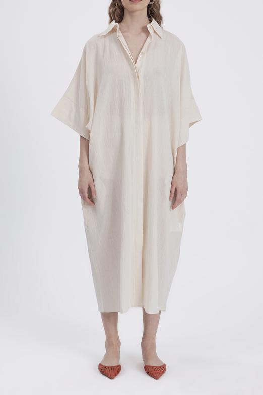 Bayan Bej Oversıze Midi Boy Gömlek Elbise - BSL