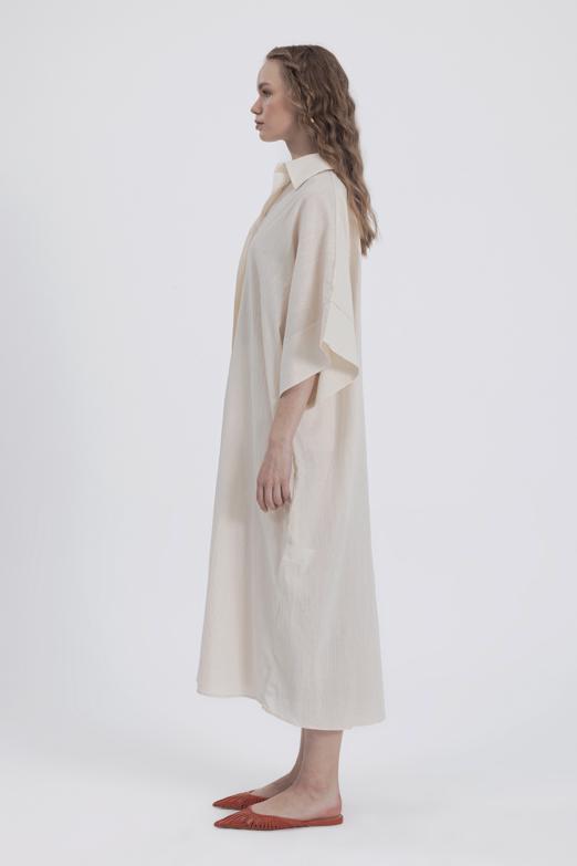 Bayan Bej Oversıze Midi Boy Gömlek Elbise - BSL