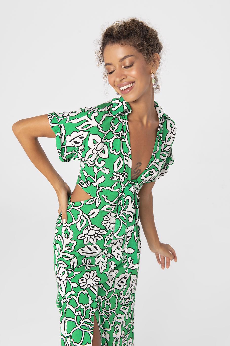 Bayan Yeşil Bel Pencereli Gömlek Yakalı Midi Boy Elbise