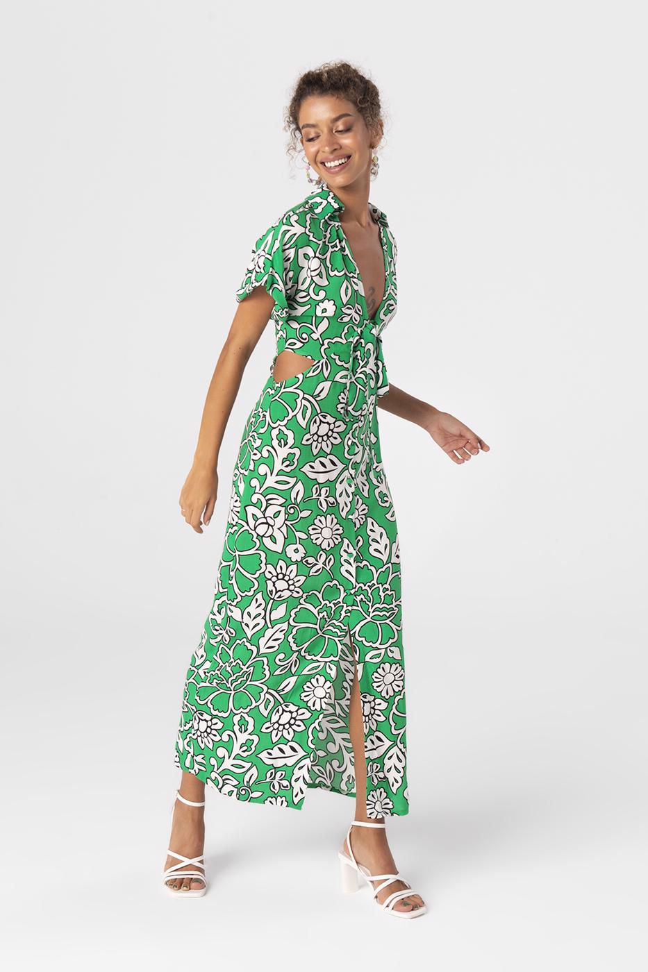 Bayan Yeşil Bel Pencereli Gömlek Yakalı Midi Boy Elbise