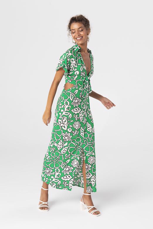 Bayan Yeşil Bel Pencereli Gömlek Yakalı Midi Boy Elbise - BSL