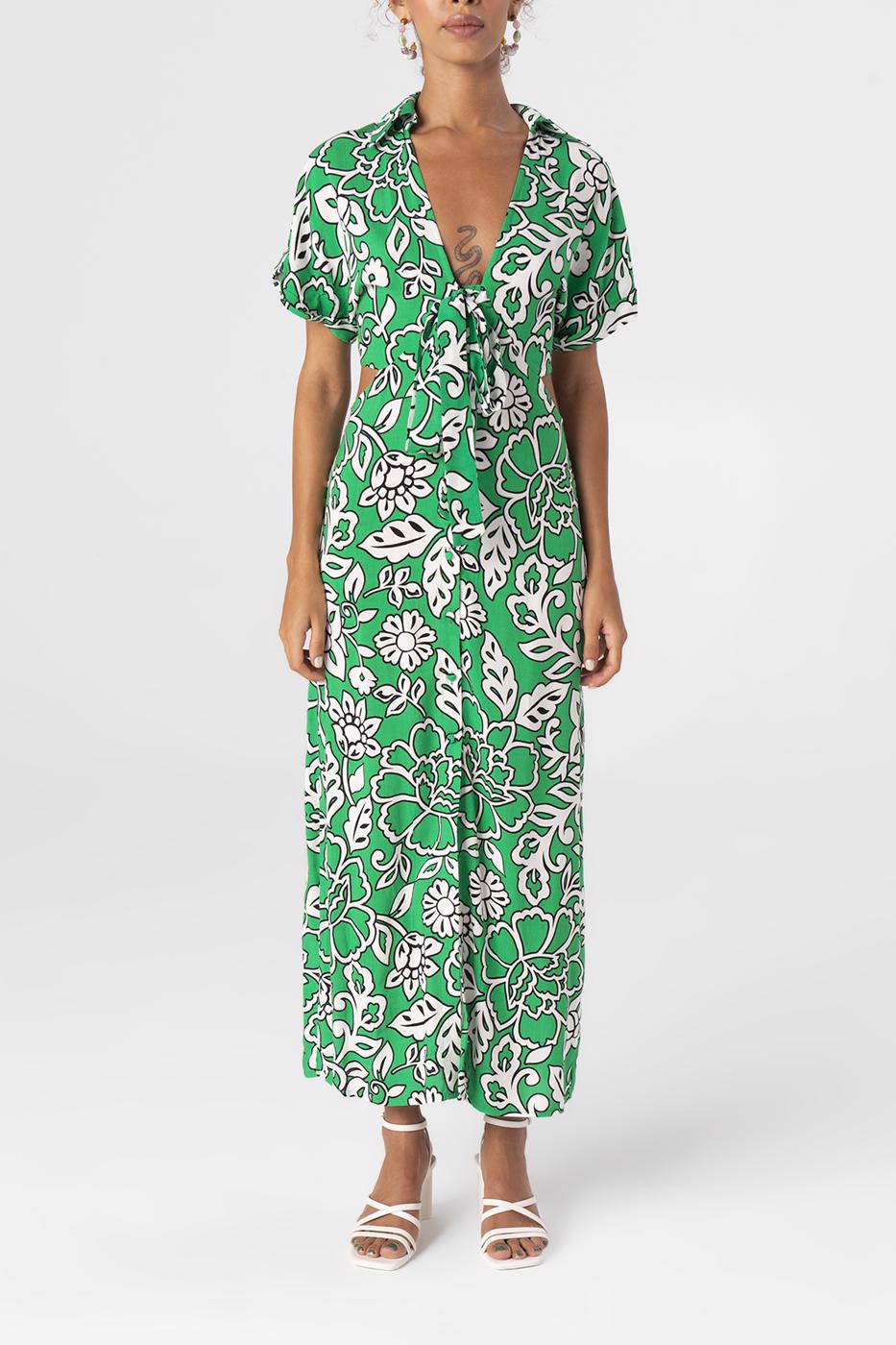 Bayan Yeşil Bel Pencereli Gömlek Yakalı Midi Boy Elbise