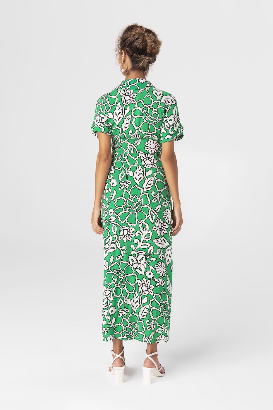 Bayan Yeşil Bel Pencereli Gömlek Yakalı Midi Boy Elbise