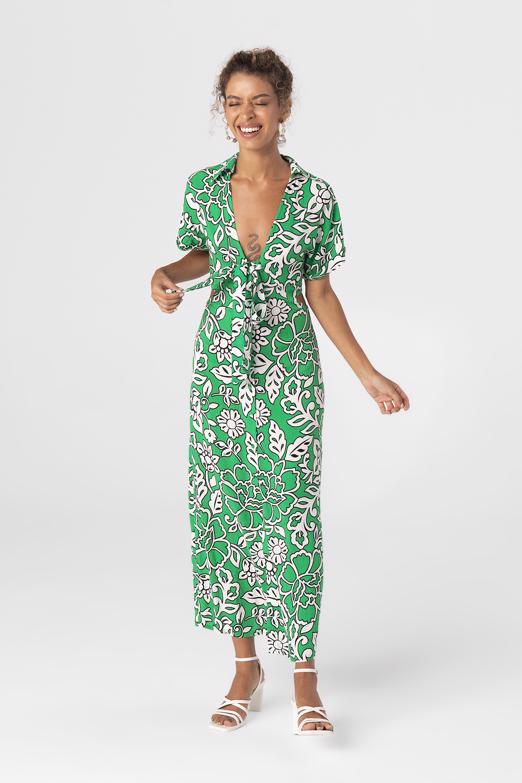 Bayan Yeşil Bel Pencereli Gömlek Yakalı Midi Boy Elbise - BSL