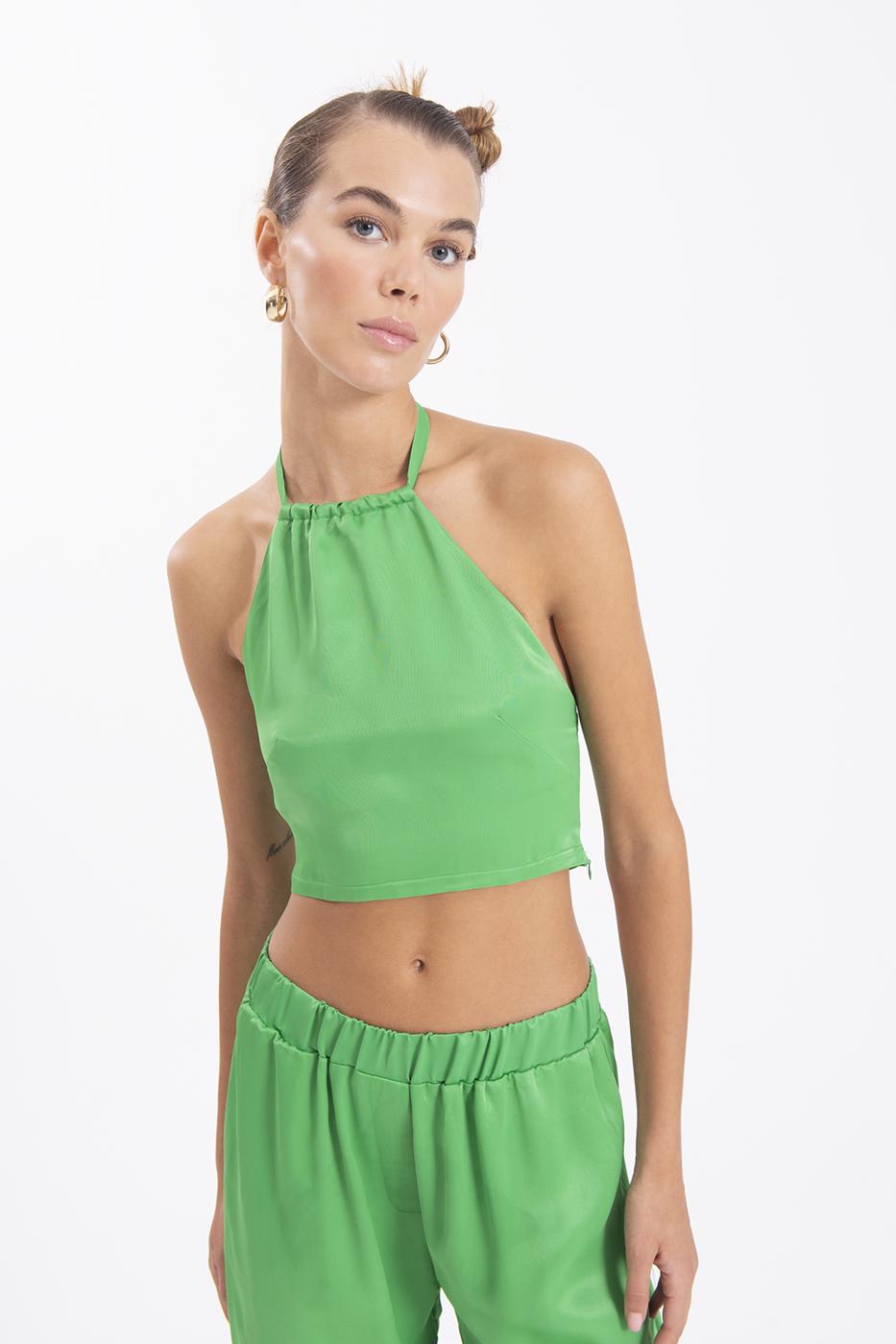 Bayan Yeşil Boyun Bağlamalı Saten Bluz