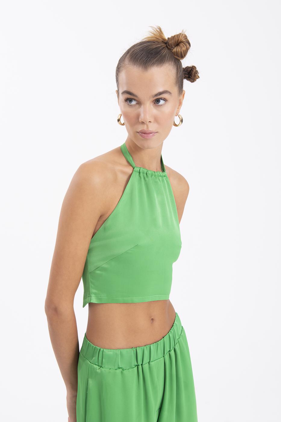 Bayan Yeşil Boyun Bağlamalı Saten Bluz