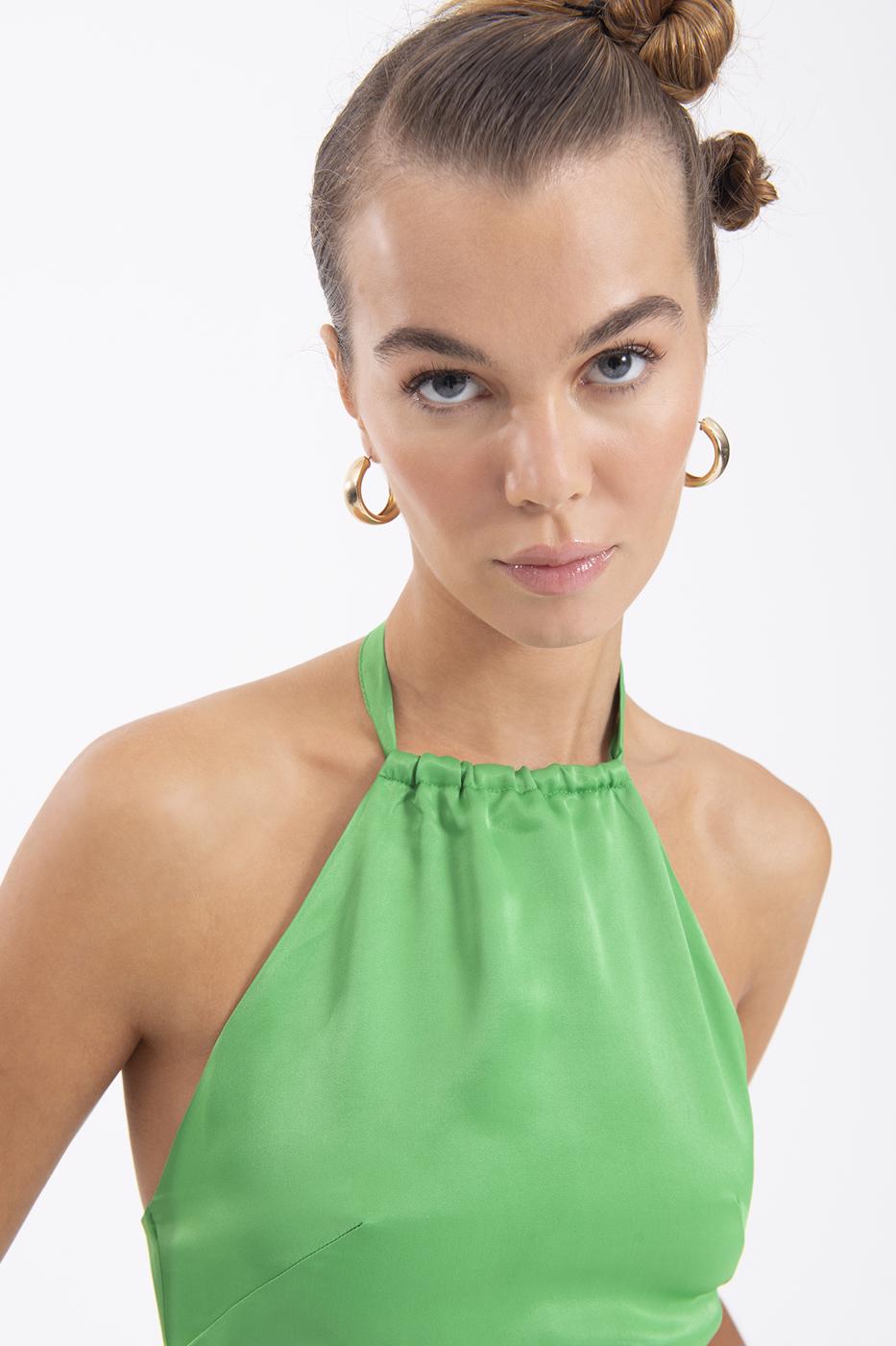 Bayan Yeşil Boyun Bağlamalı Saten Bluz