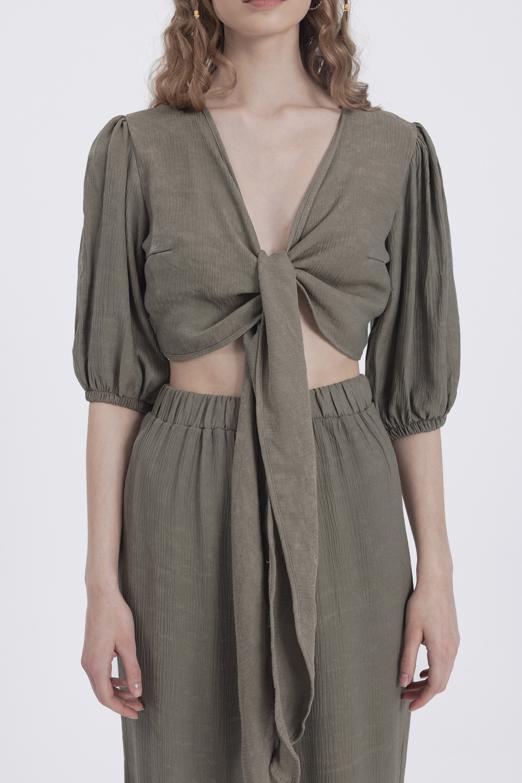 Bayan Haki Balon Kollu Ön Bağlama Detaylı Crop Bluz - BSL