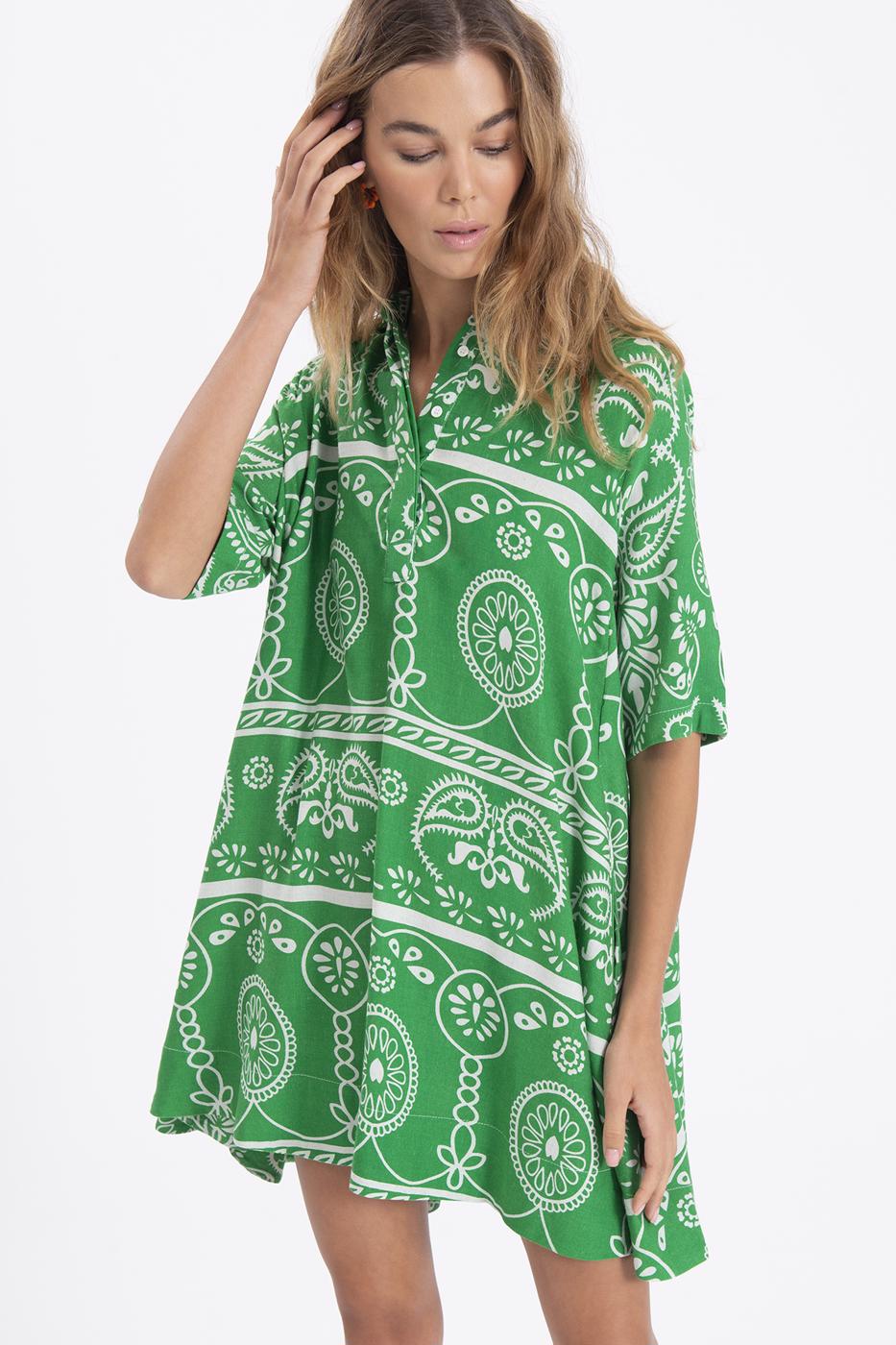 Bayan Yeşil Kısa Kollu Desenli Mini Keten Gömlek Elbise