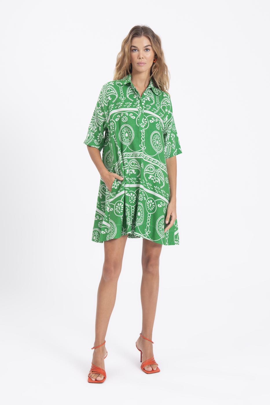 Bayan Yeşil Kısa Kollu Desenli Mini Keten Gömlek Elbise