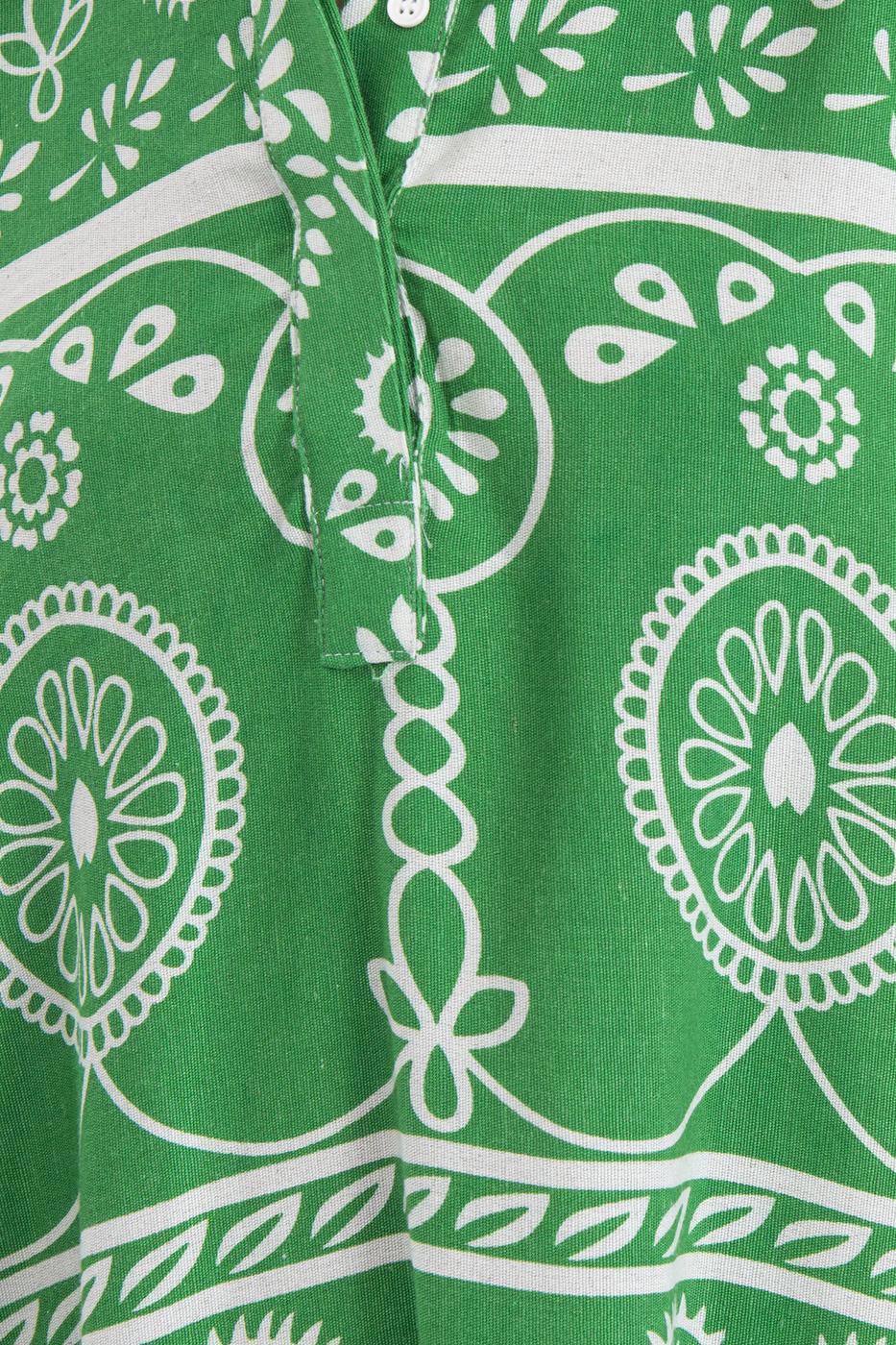 Bayan Yeşil Kısa Kollu Desenli Mini Keten Gömlek Elbise