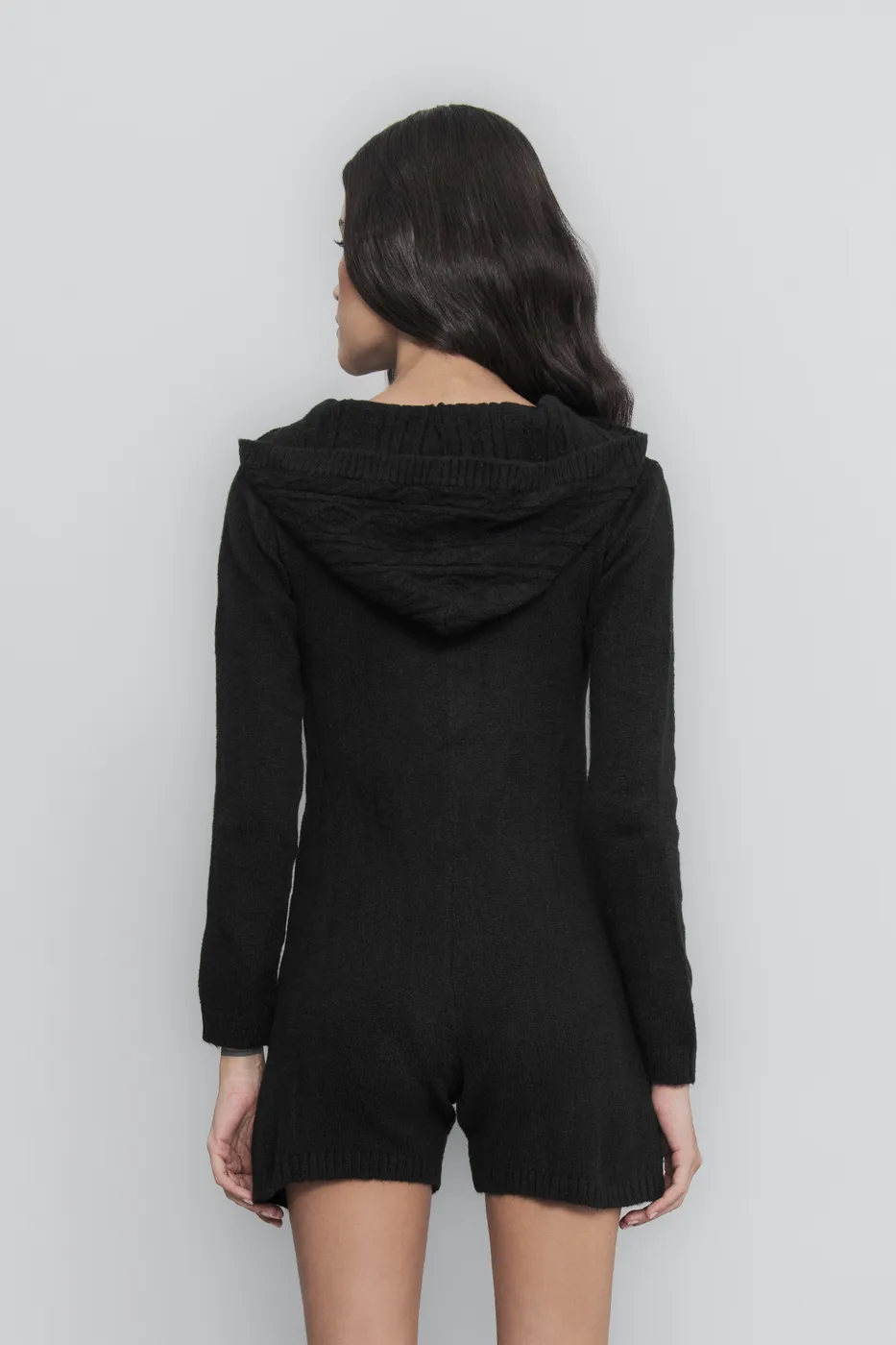 Bayan Siyah Kapüşon Detaylı Triko Mini Tulum