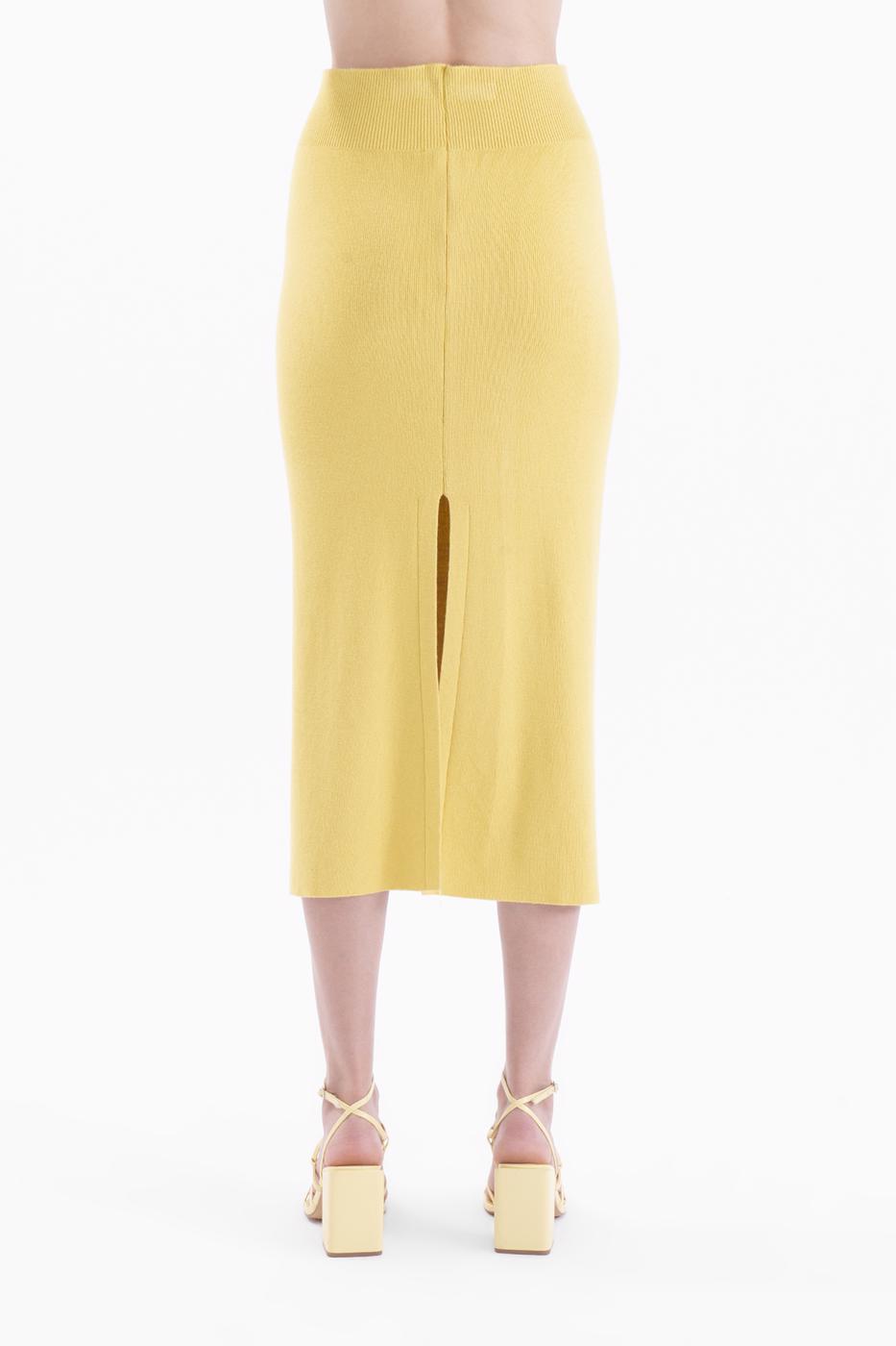 Bayan Yeşil Tek Yırtmaçlı Midi Triko Kalem Etek