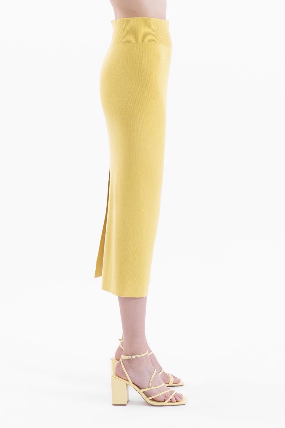 Bayan Yeşil Tek Yırtmaçlı Midi Triko Kalem Etek