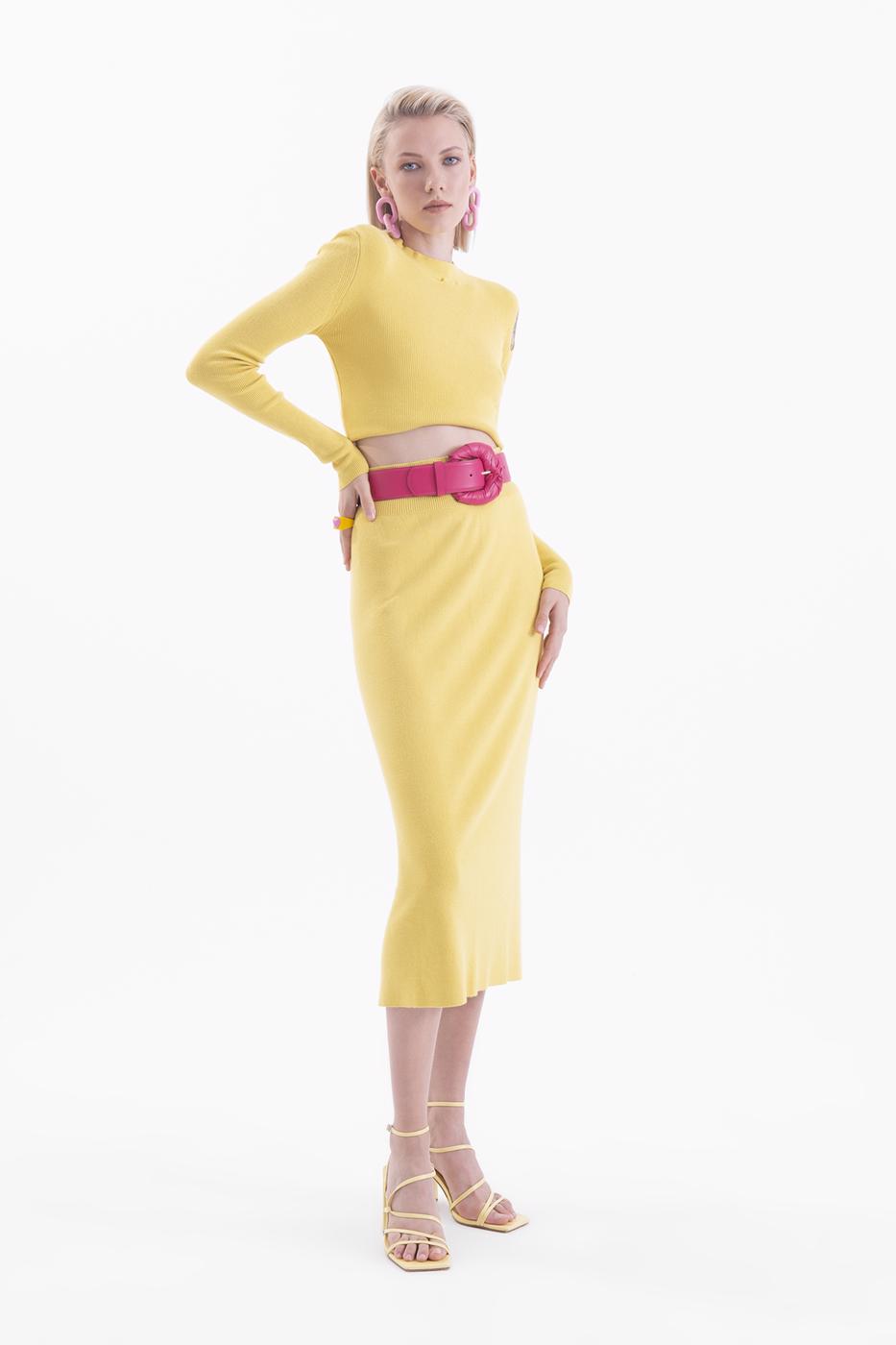 Bayan Yeşil Tek Yırtmaçlı Midi Triko Kalem Etek