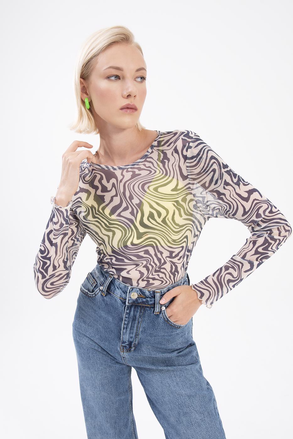 Bayan Lacivert Uzun Kollu Tül Body