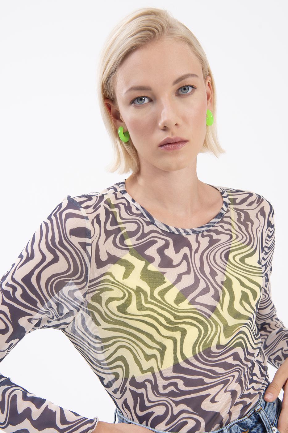 Bayan Lacivert Uzun Kollu Tül Body