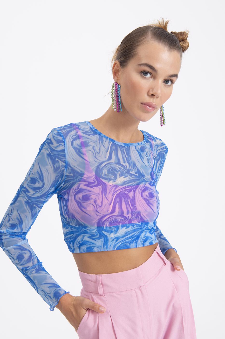 Bayan Mavi Uzun Kollu Tül Body