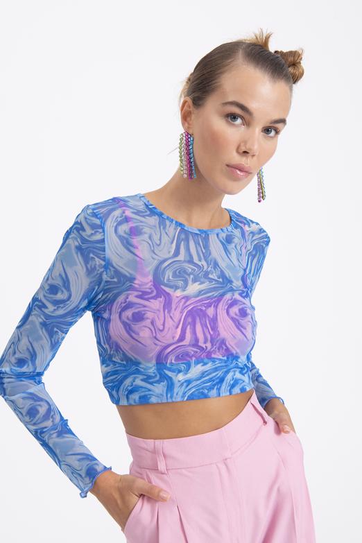 Bayan Mavi Uzun Kollu Tül Body - BSL