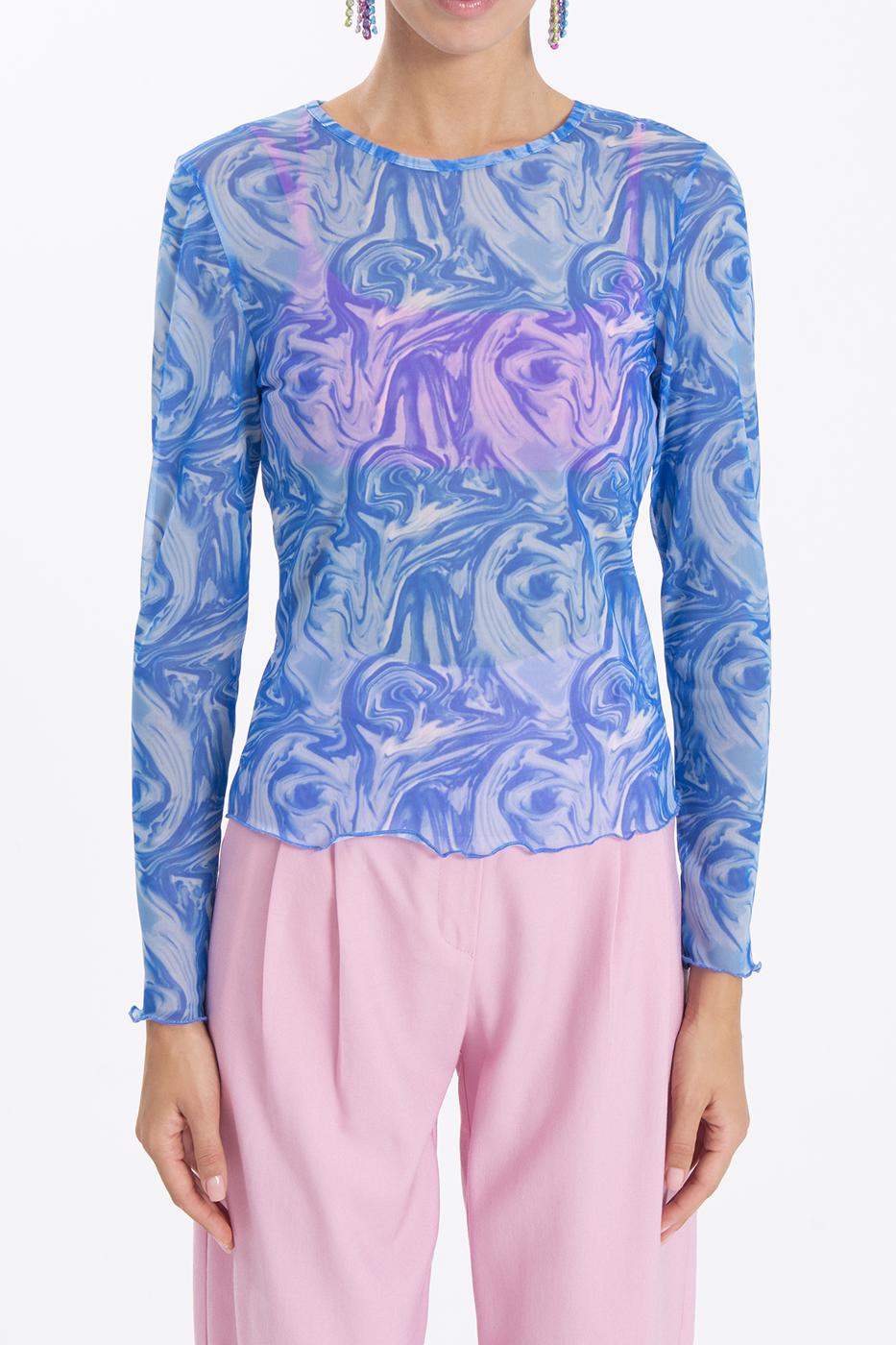 Bayan Mavi Uzun Kollu Tül Body