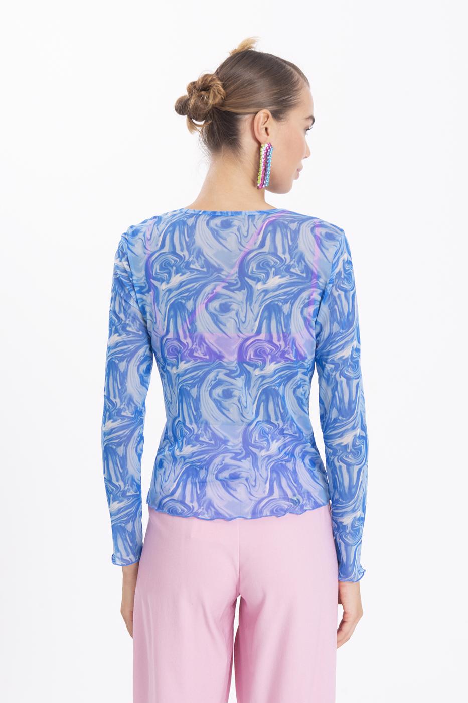 Bayan Mavi Uzun Kollu Tül Body