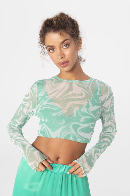 Bayan Yeşil Uzun Kollu Tül Body - BSL