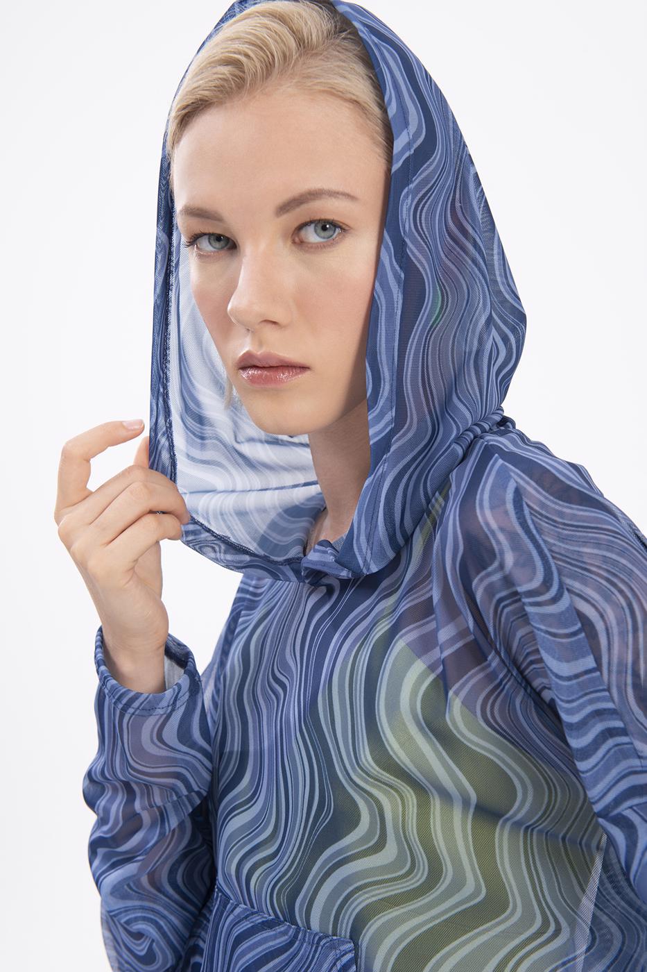 Bayan Lacivert Kapüşonlu Tül Bluz