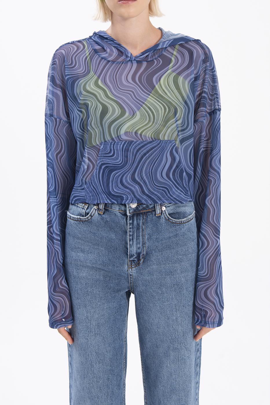 Bayan Lacivert Kapüşonlu Tül Bluz