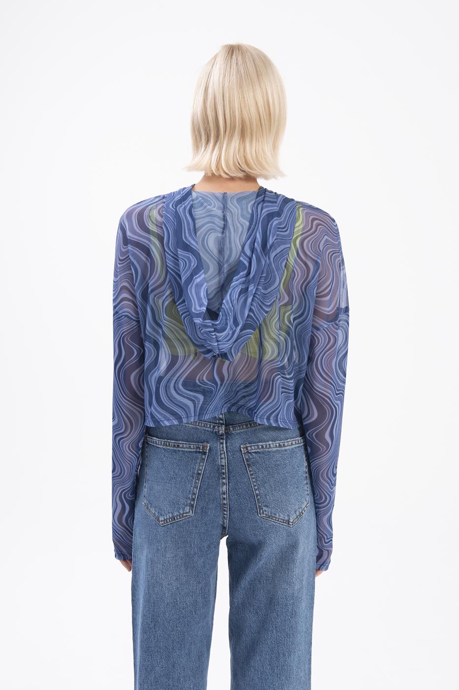 Bayan Lacivert Kapüşonlu Tül Bluz