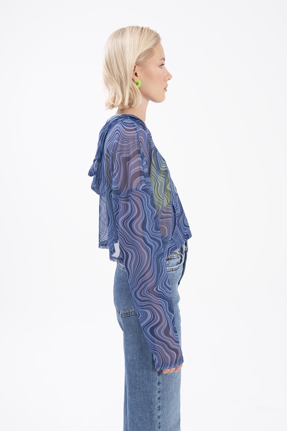 Bayan Lacivert Kapüşonlu Tül Bluz