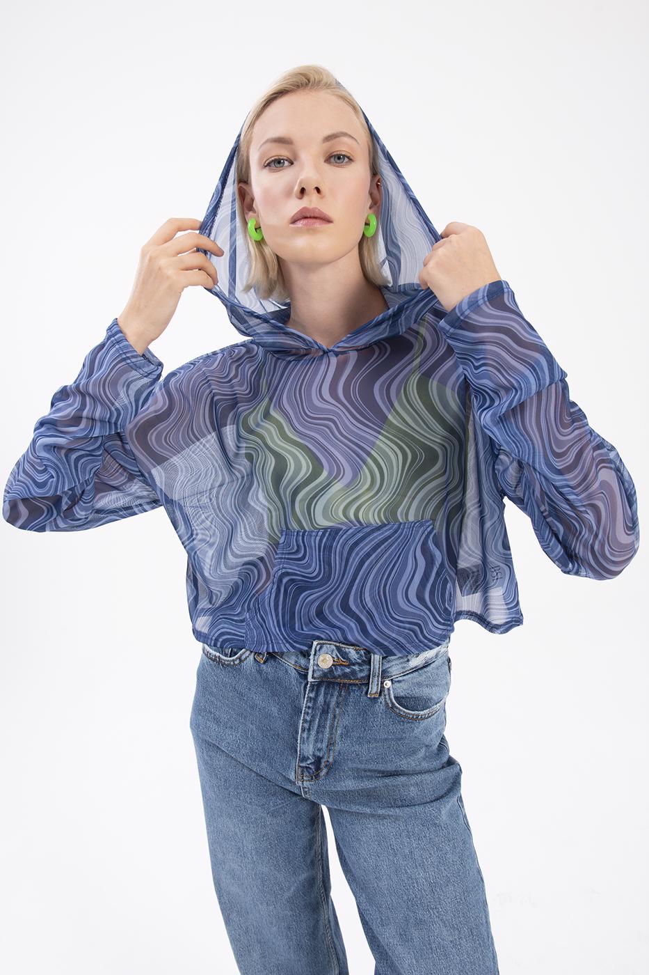 Bayan Lacivert Kapüşonlu Tül Bluz