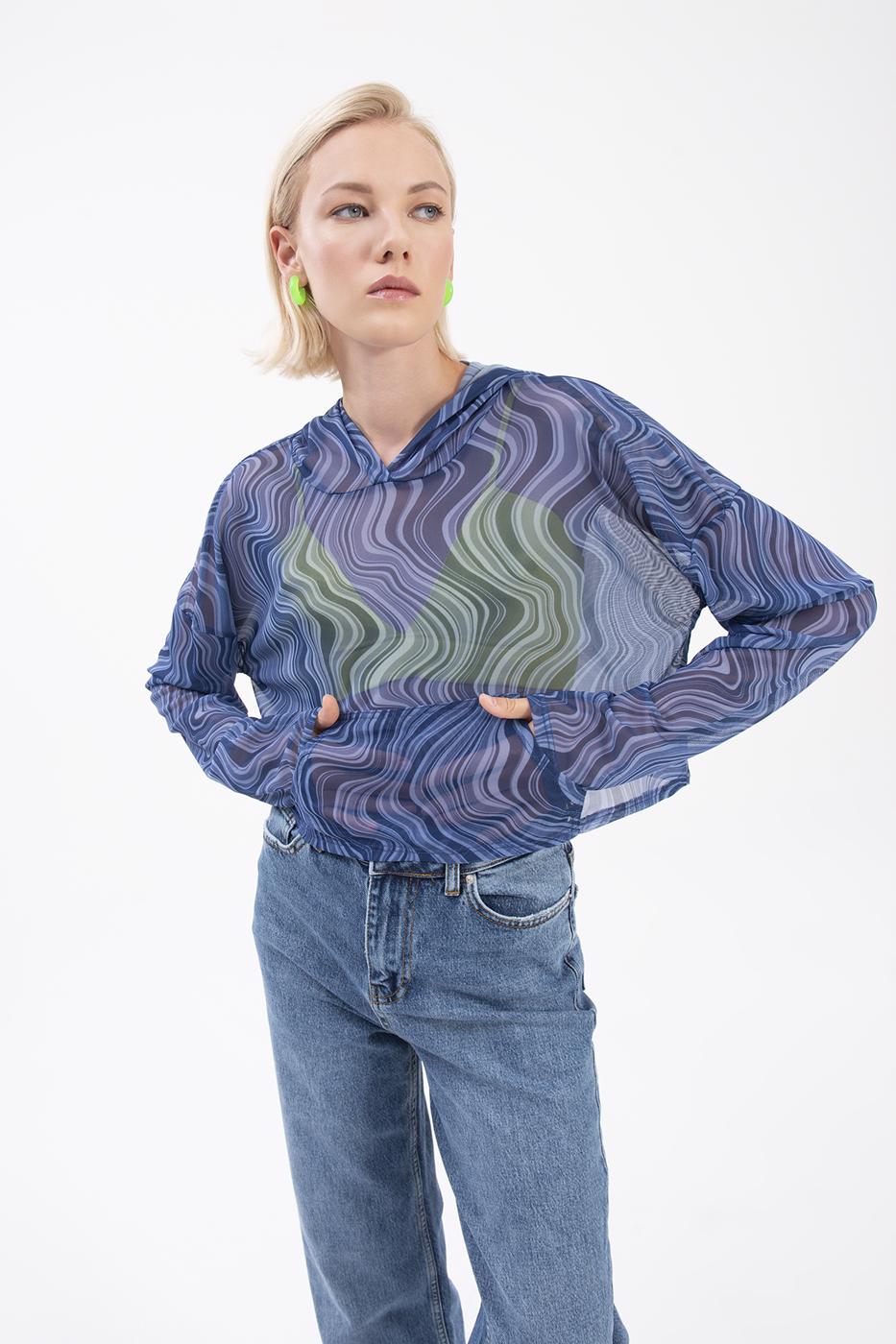 Bayan Lacivert Kapüşonlu Tül Bluz