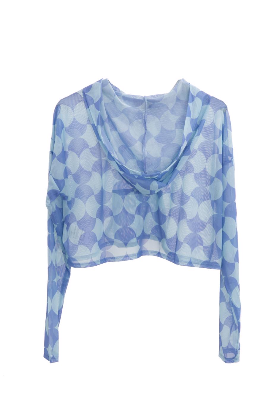 Bayan Mavi Kapüşonlu Tül Bluz