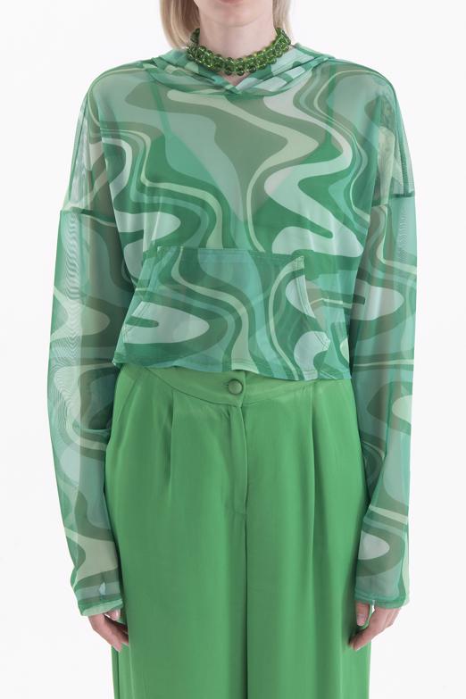 Bayan Yeşil Kapüşonlu Tül Bluz - BSL