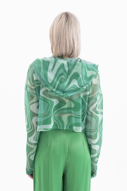 Bayan Yeşil Kapüşonlu Tül Bluz - BSL