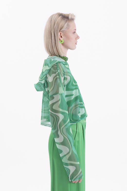 Bayan Yeşil Kapüşonlu Tül Bluz - BSL