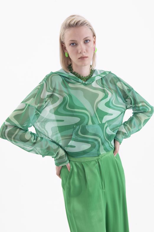 Bayan Yeşil Kapüşonlu Tül Bluz - BSL