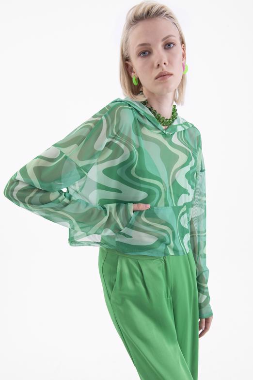 Bayan Yeşil Kapüşonlu Tül Bluz - BSL