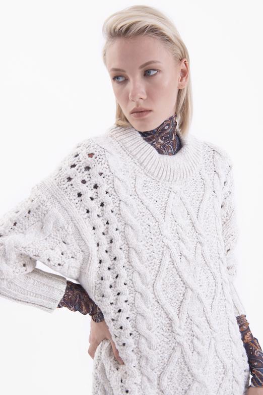 Bayan Krem Saç Örgülü Triko Kazak - BSL