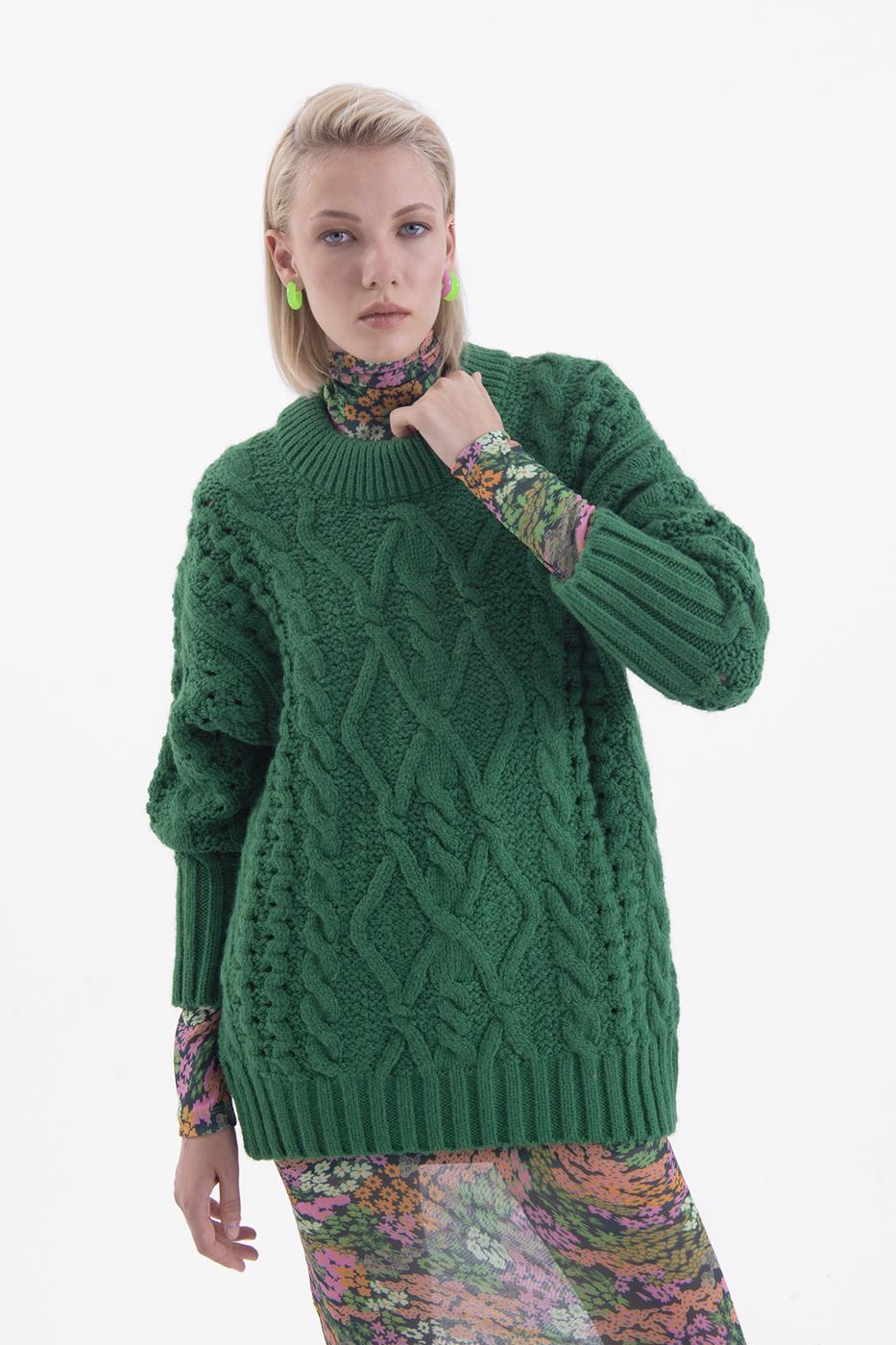 Bayan Yeşil Saç Örgülü Triko Kazak