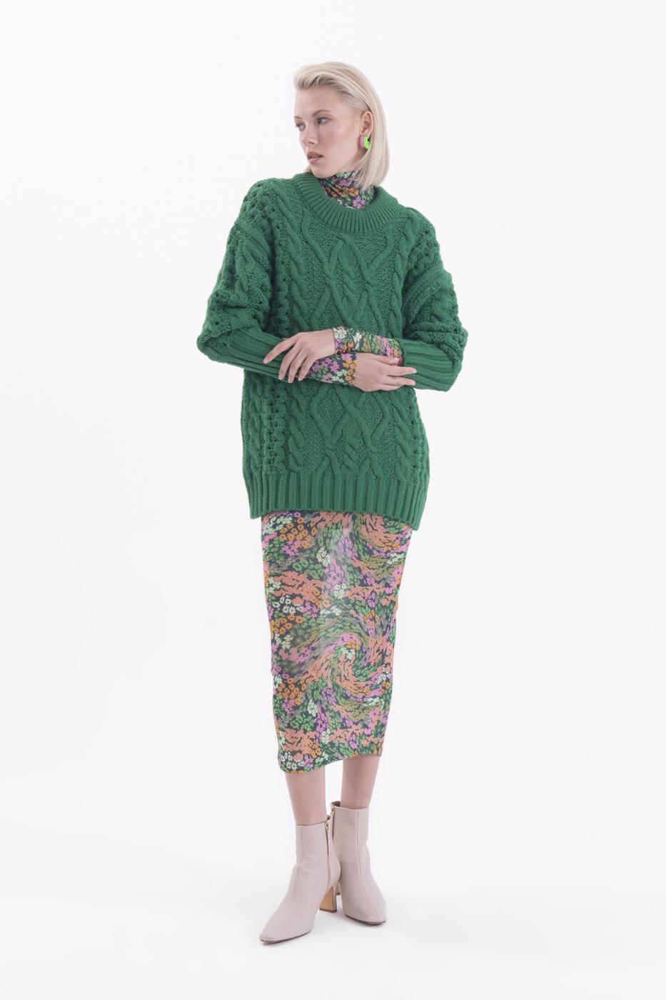 Bayan Yeşil Saç Örgülü Triko Kazak