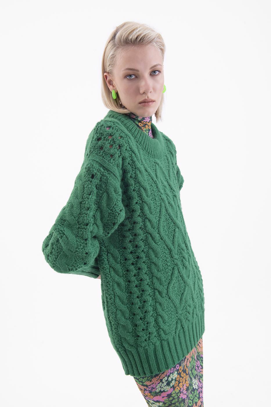 Bayan Yeşil Saç Örgülü Triko Kazak