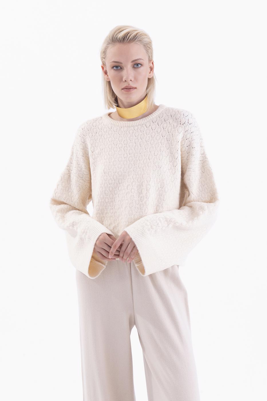 Bayan Ekru Örgü Triko Kazak