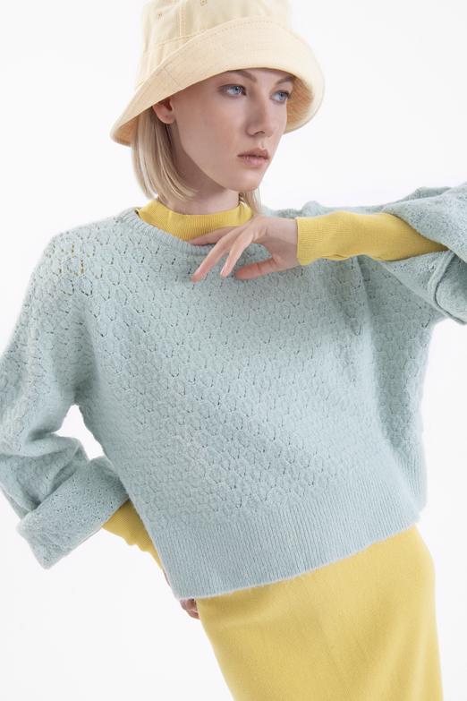 Bayan Yeşil Örgü Triko Kazak - BSL