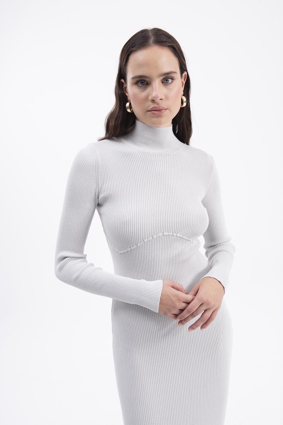 Bayan Gri Dik Yakalı Triko Kalem Elbise