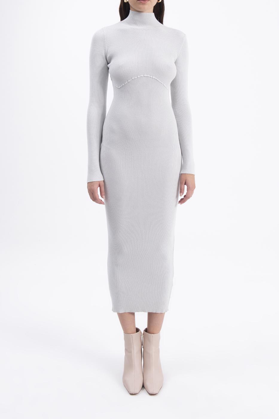 Bayan Gri Dik Yakalı Triko Kalem Elbise