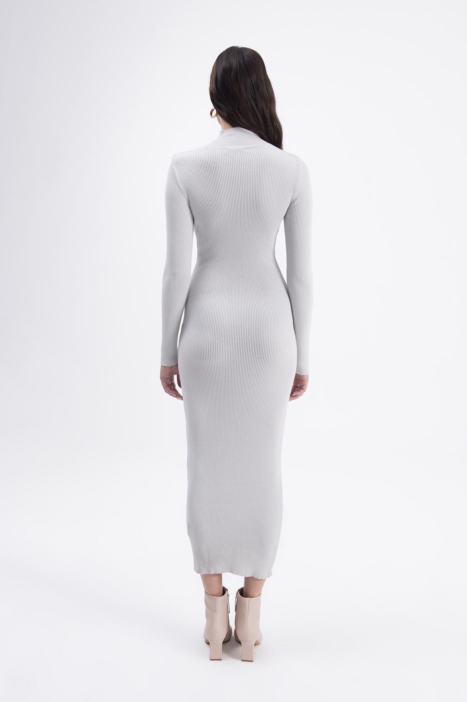 Bayan Gri Dik Yakalı Triko Kalem Elbise